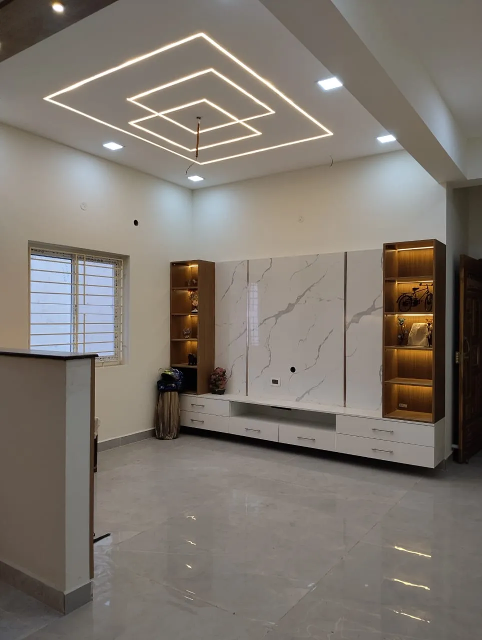 Refined Symmetry High-Gloss Marble Media Wall & Display Unit with TV Wall Panels at Deskanddecor