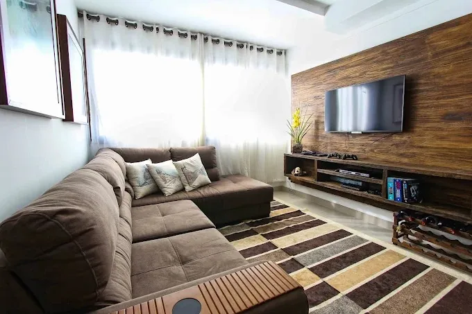 L-Shaped Sectional Sofa – Brown Suede Fabric with TV Unit Focused Design at Deskanddecor