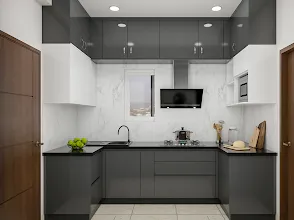 Grey & White U-Shaped Modular Kitchen with Marble Backsplash with Modular Kitchen at Deskanddecor