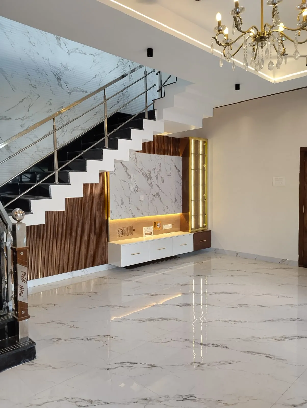 Modern Under-Stair TV Unit with Marble Panel Backing with TV Units with Storage at Deskanddecor