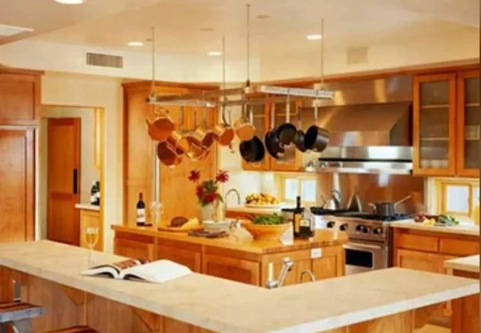 Modular Kitchen with Wooden Cabinetry, Granite Island & Overhead Pot Rack with Modular Kitchen at Deskanddecor