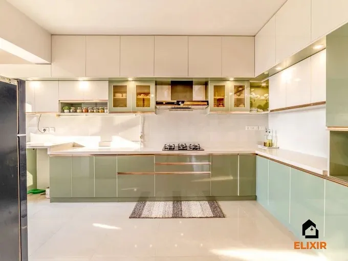 Sage-Green Modular Kitchen with Gold Trim with Modular Kitchen at Deskanddecor