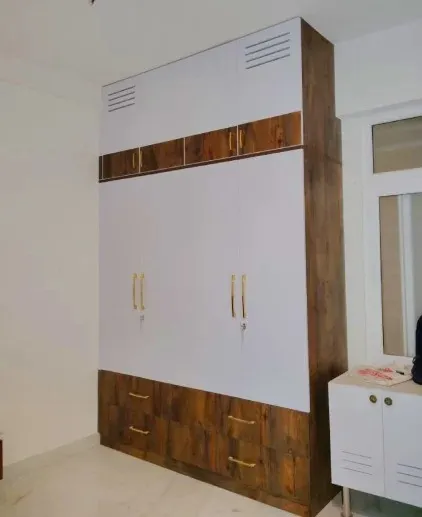Dual-Tone Wardrobe with Wood-Grain & White Finish with Loft Storage Designs at Deskanddecor
