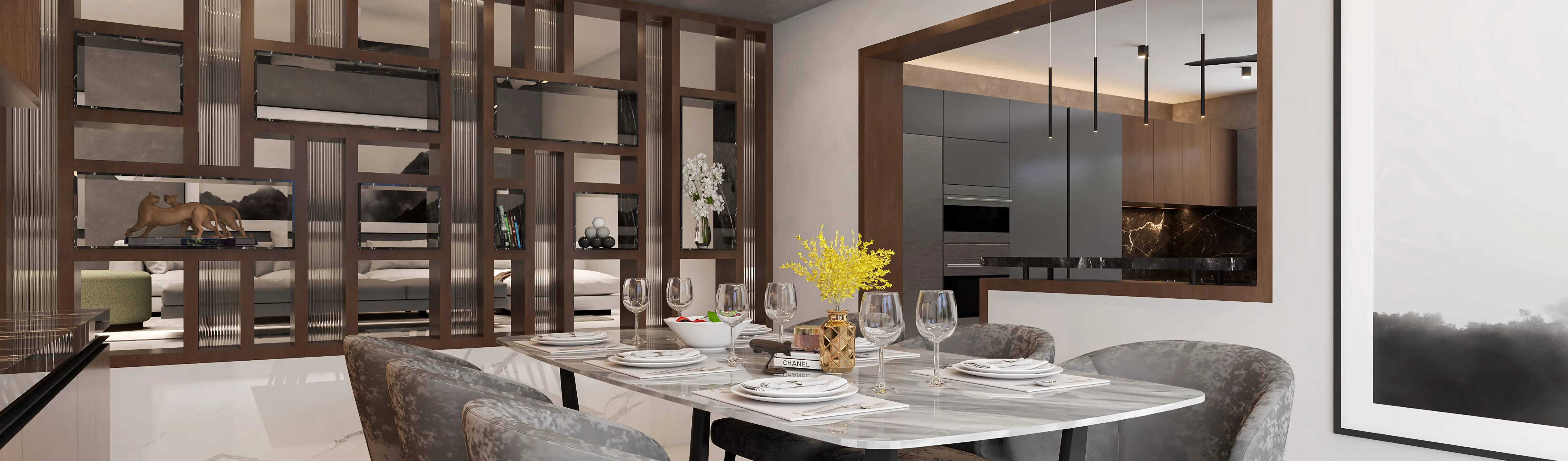 Contemporary Dining Set with Marble Table & Wooden Room Divider Partition with Modern Dining Room Designs at Deskanddecor