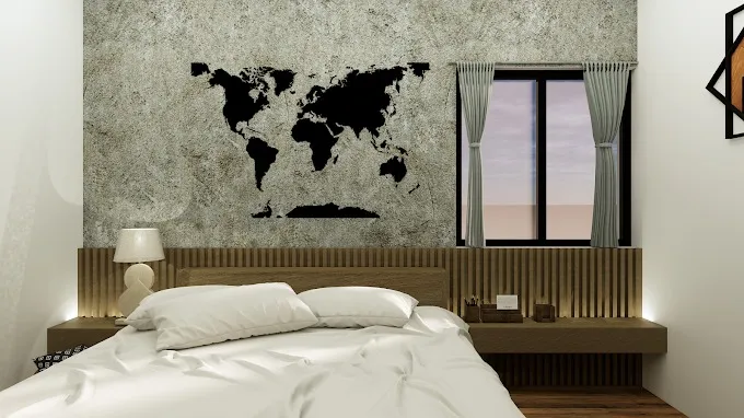 Bedroom with World Map Wall Art & Wooden Slat Headboard with Wooden Classic Bedroom at Deskanddecor