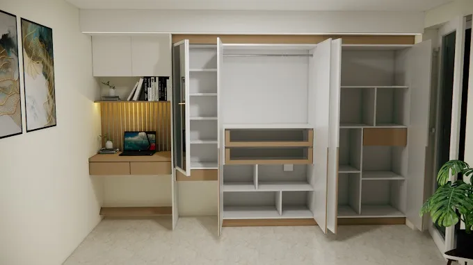 Wardrobe with Study Desk & Modular Internal Storage with Modular Wardrobe at Deskanddecor