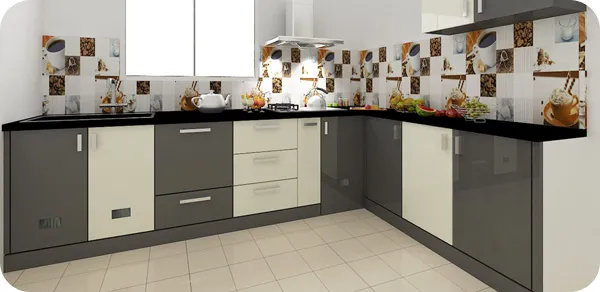 L-Shaped Modular Kitchen with Dual-Tone Grey & White Cabinets with Modular Kitchen at Deskanddecor