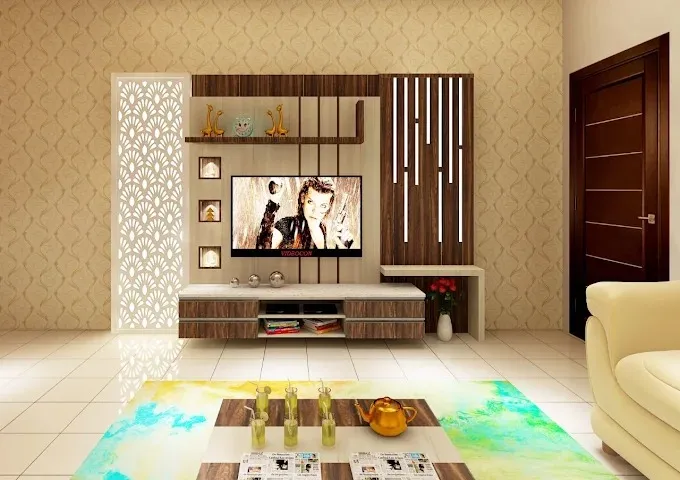 Modern TV Unit with Decorative CNC Partition & Wallpaper Backdrop with Modern Living Room Designs at Deskanddecor