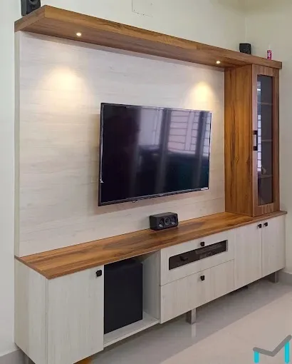 Wall-Mounted TV Unit with Glass Display Cabinet & Wood Accent with TV Unit Focused Design at Deskanddecor