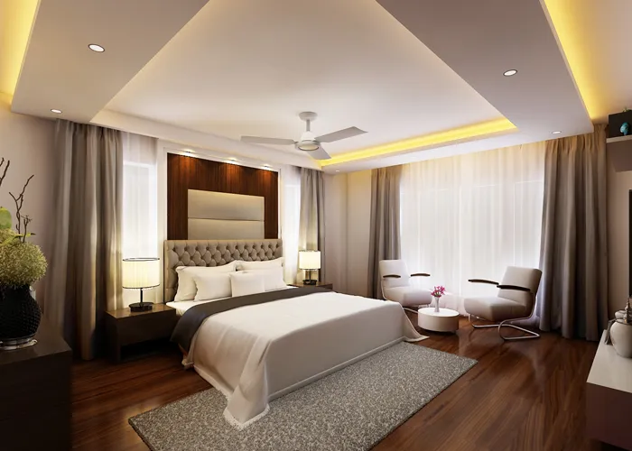 Elegant Master Bedroom with Tufted Headboard & Layered False Ceiling with Modern Bedroom at Deskanddecor