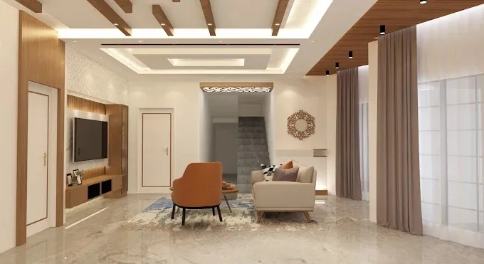 Contemporary Living Room with Coffered Ceiling & Staircase View with Modern Living Room Designs at Deskanddecor