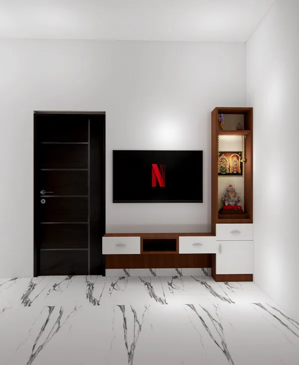 TV Unit with Integrated Pooja/Display Niche with TV Unit Focused Design at Deskanddecor