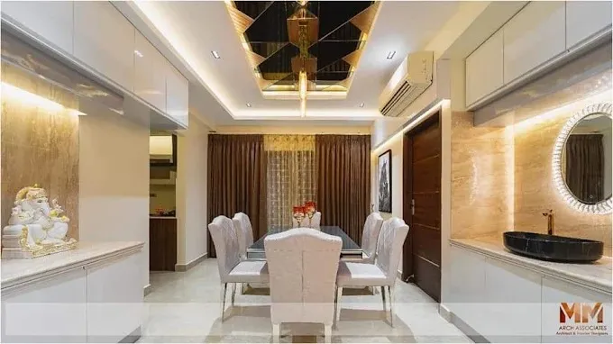 Luxury Dining Room with Mirrored Ceiling Panel & Marble Console with Modern Dining Room Designs at Deskanddecor