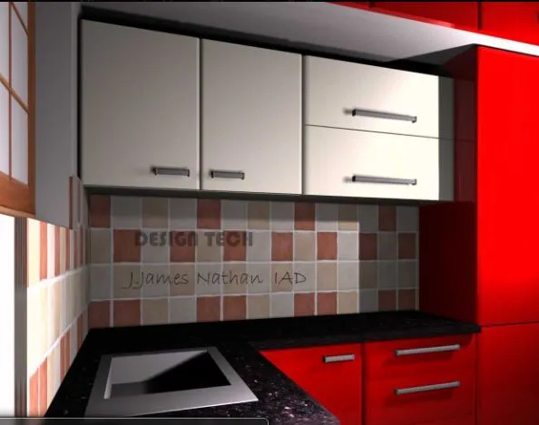 Red & White Modular Kitchen with Patterned Tile Backsplash with Modular Kitchen at Deskanddecor