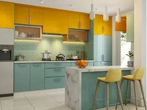Yellow & Mint Modular Kitchen with Breakfast Island with Modular Kitchen at Deskanddecor