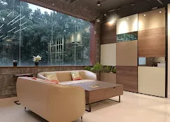 Modern Living Room Set with Tan Leather Sofa & Wooden Wall Storage Unit with Modern Living Room Designs at Deskanddecor