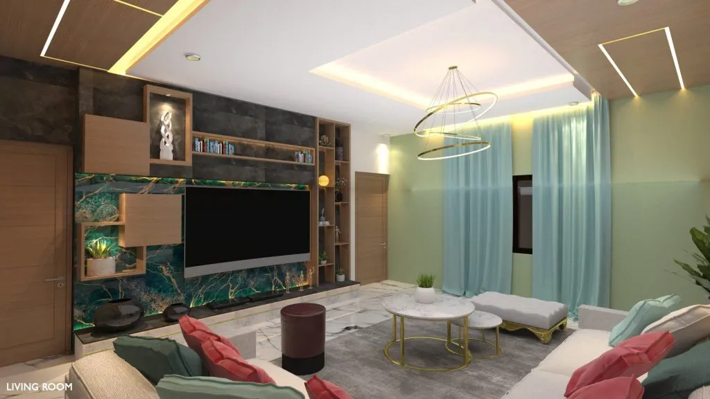 Modern Living Room TV Unit with Green Marble Accent & Ring Chandelier with Modern Living Room Designs at Deskanddecor
