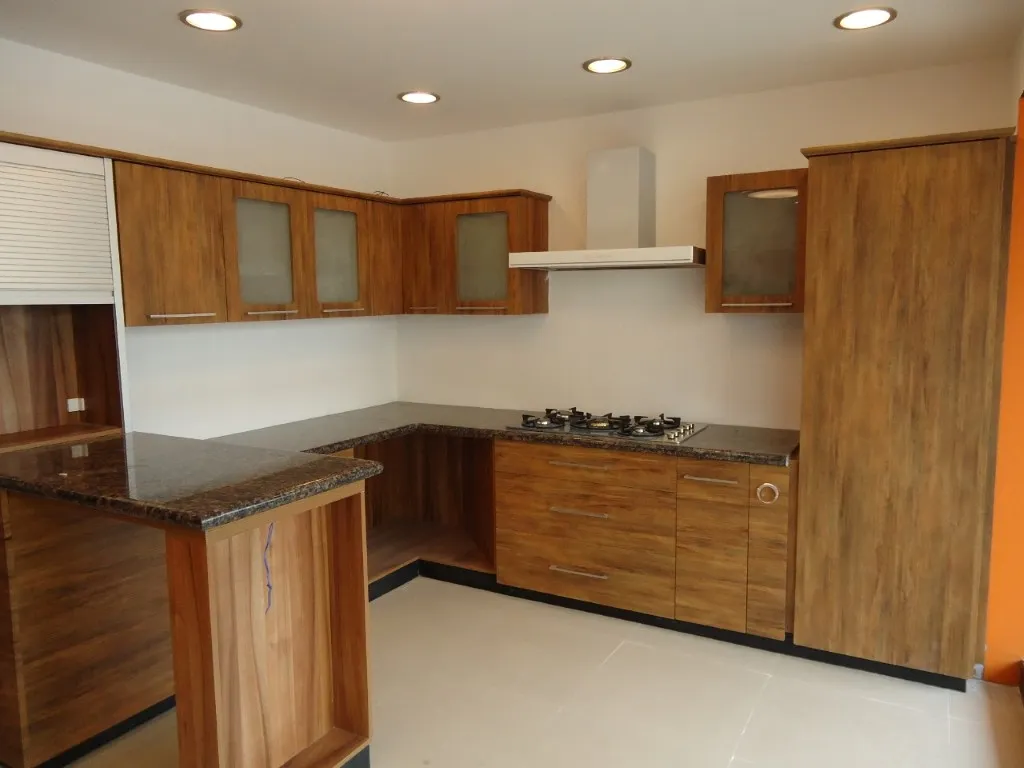 Modern Wooden L-Shaped Modular Kitchen with Island Counter with Modular Kitchen at Deskanddecor