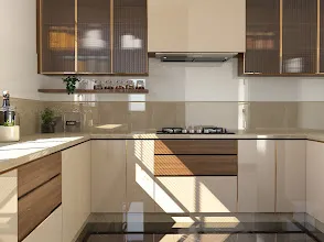 Cream & Wood Modular Kitchen with Modular Kitchen at Deskanddecor
