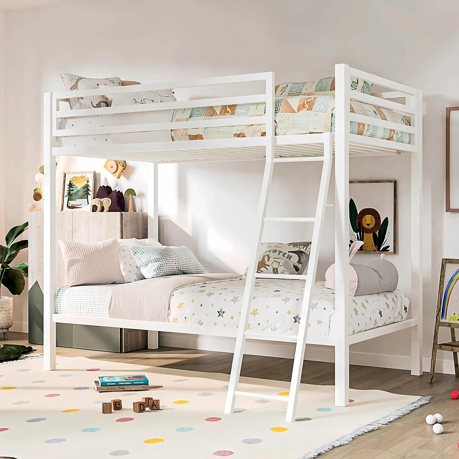 Bunk Bed Twin Over Twin Size With Ladder, Metal Bed Frame With Sturdy Guardrail with Bunk Beds at Deskanddecor