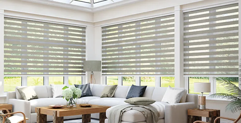 Neutral Layered Zebra Blinds with Curtains & Drapes Desk and Decor